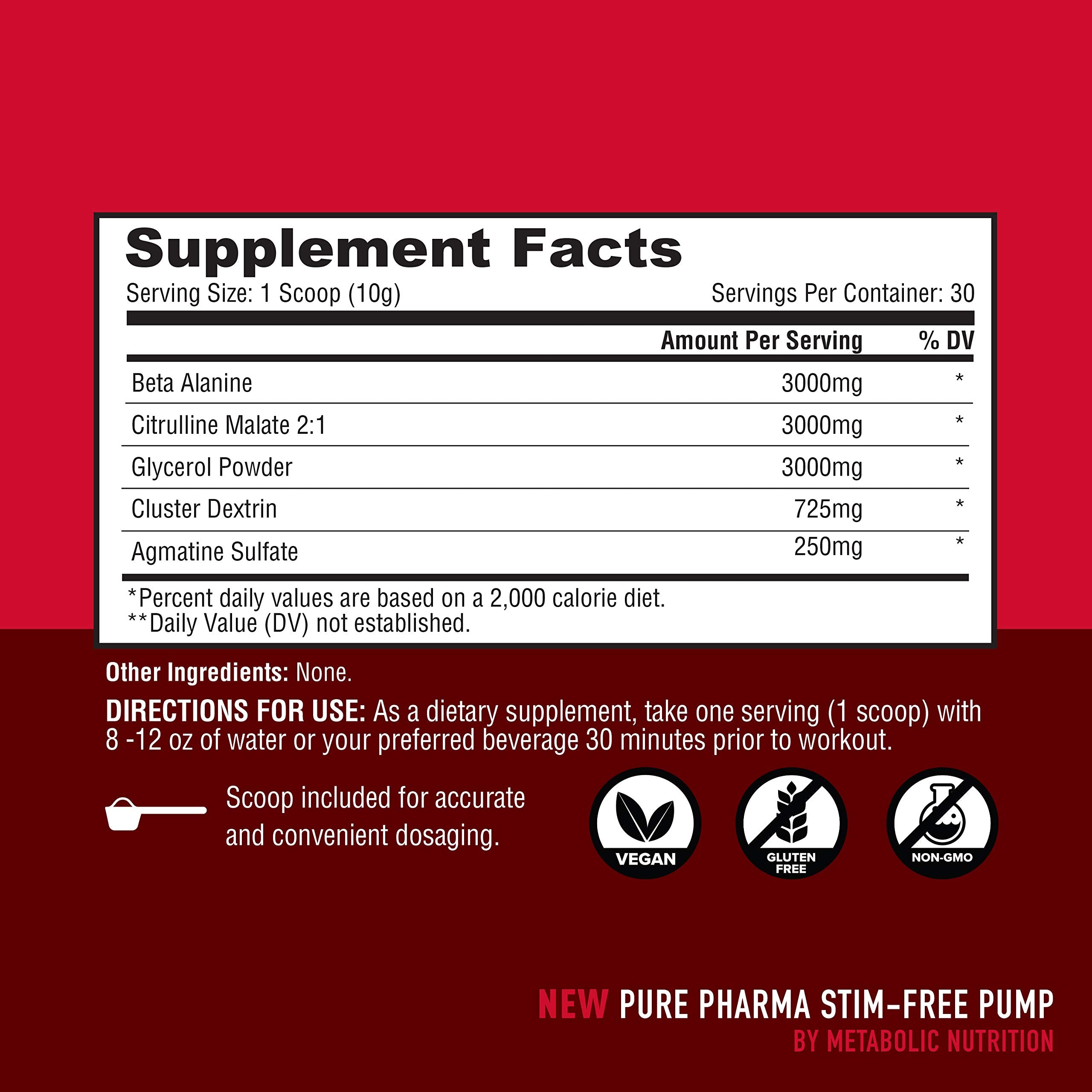 Metabolic Nutrition Stim Free Pump label close-up highlights pharmaceutical-grade ingredients for optimized absorption