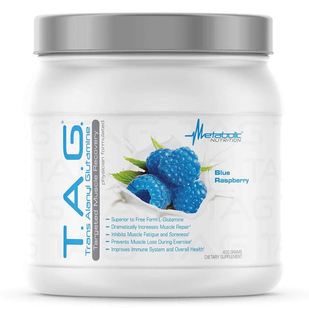 Metabolic Nutrition TAG blue raspberry powder bottle for workouts.