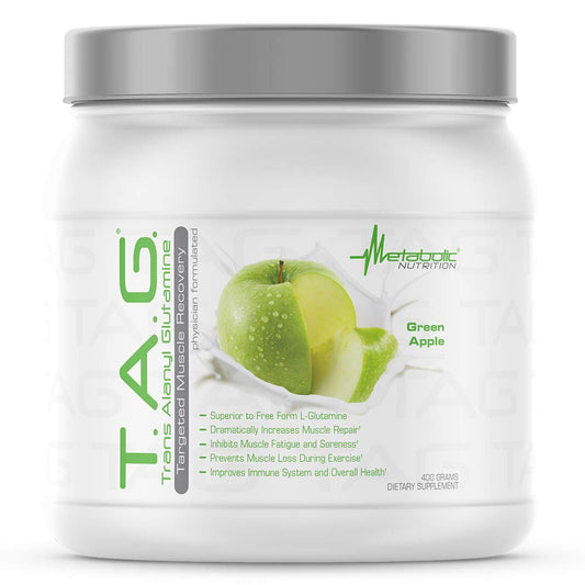 Metabolic Nutrition TAG trans Alanyl Glutamine powder bottle promoting recovery support.