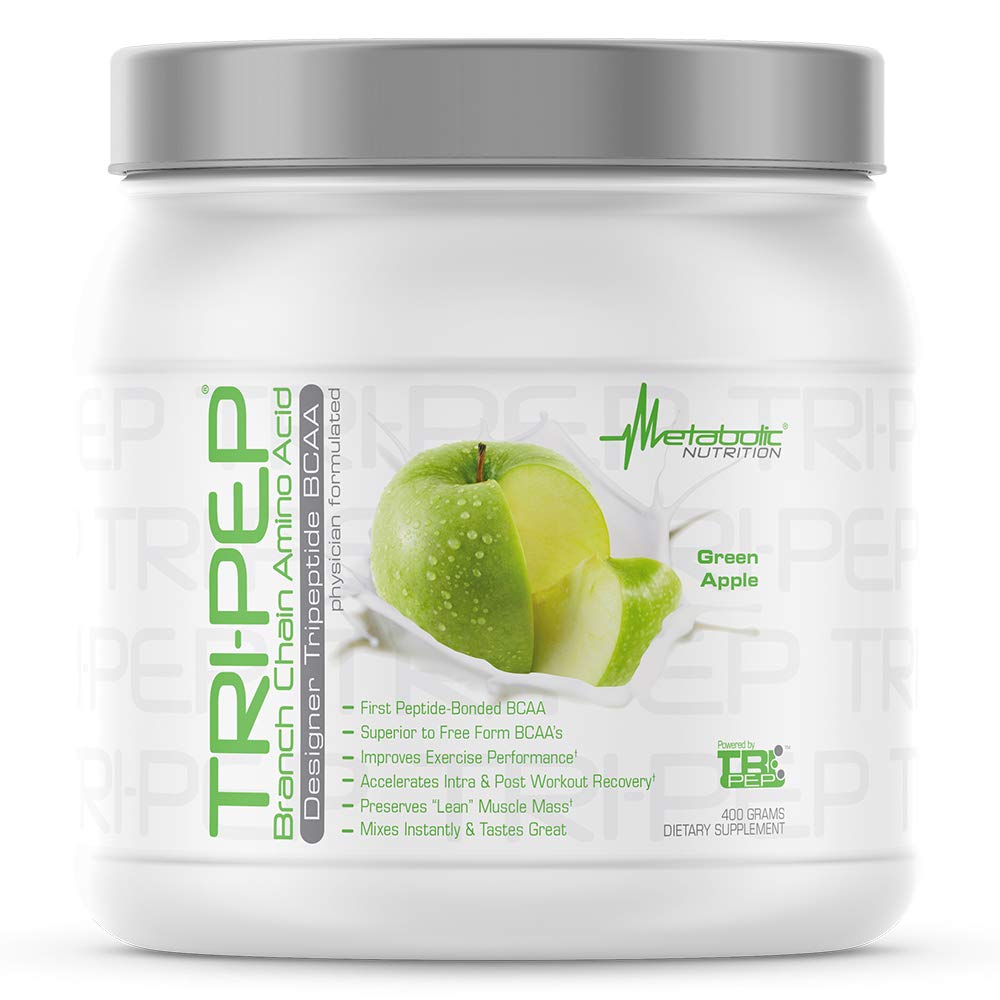 Metabolic Nutrition TriPep BCAA bottle with green apple flavor for post-workout recovery.