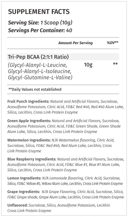 TriPep BCAA powder scoop beside bottle for easy intra-workout mixing.