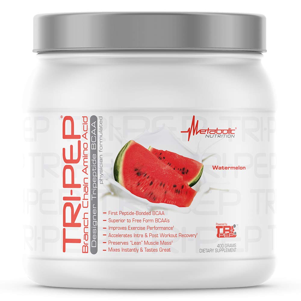 Metabolic Nutrition TRIPEP watermelon tub with scoop for post-workout recovery.