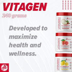 Vitagen bottle beside a cup of prepared drink for daily vitality.