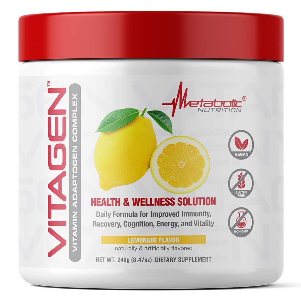 Metabolic Nutrition Vitagen lemonade powder in a tub for daily wellness.