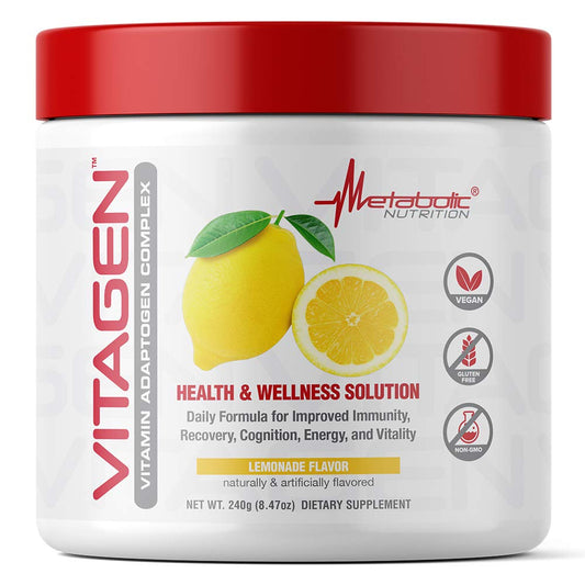 Metabolic Nutrition Vitagen lemonade powder in a tub for daily wellness.