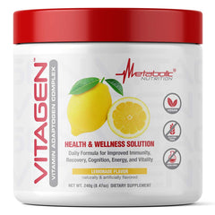 Metabolic Nutrition Vitagen lemonade powder in a tub for daily wellness.