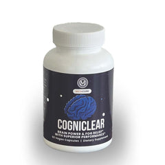 Metacure CogniClear bottle front shows label and vegan formulation for cognitive wellness.