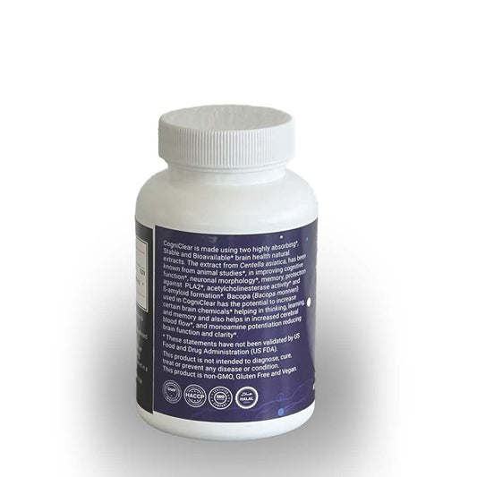 Metacure CogniClear capsules close-up highlights liposomal delivery and plant extracts.