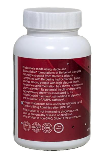 Metacure DiaBerine label detail emphasizing non-GMO, gluten-free, vegan ingredients.