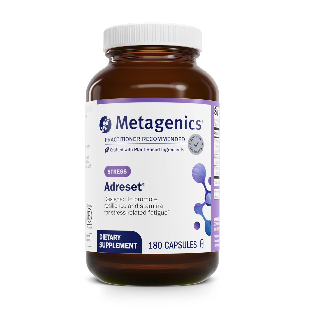 Metagenics Adreset bottle front view showing adaptogen blend for stress resilience.
