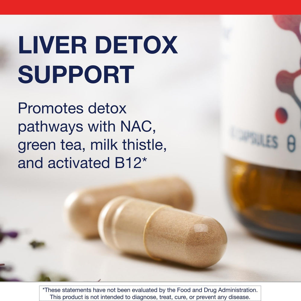 Metagenics AdvaClear capsules close-up, plant-based detox capsules.