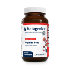 Metagenics Arginine Plus bottle and tablets support healthy blood flow.