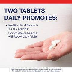Metagenics Arginine Plus tablets close-up showing 1.5 g L-arginine per serving.