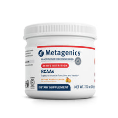 Metagenics BCAAs orange mango powder with scoop for post-workout recovery.