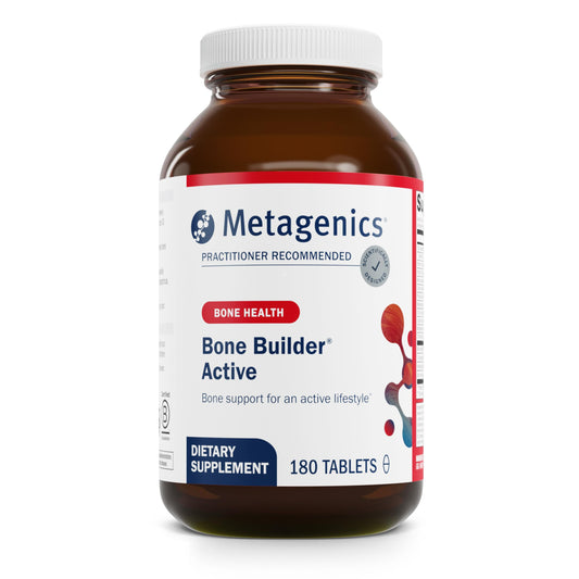 Metagenics Bone Builder Active bottle front view highlighting minerals for bone support.
