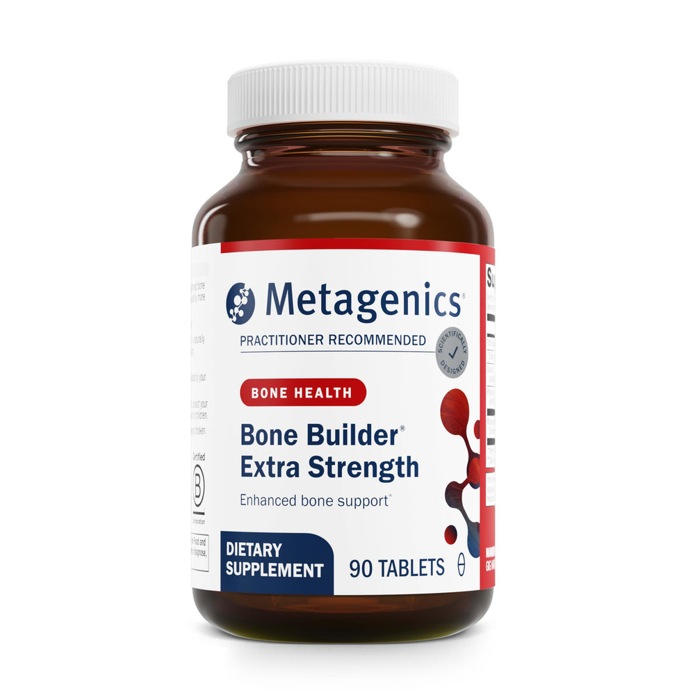 Metagenics Bone Builder Extra Strength tablets in bottle for bone support.