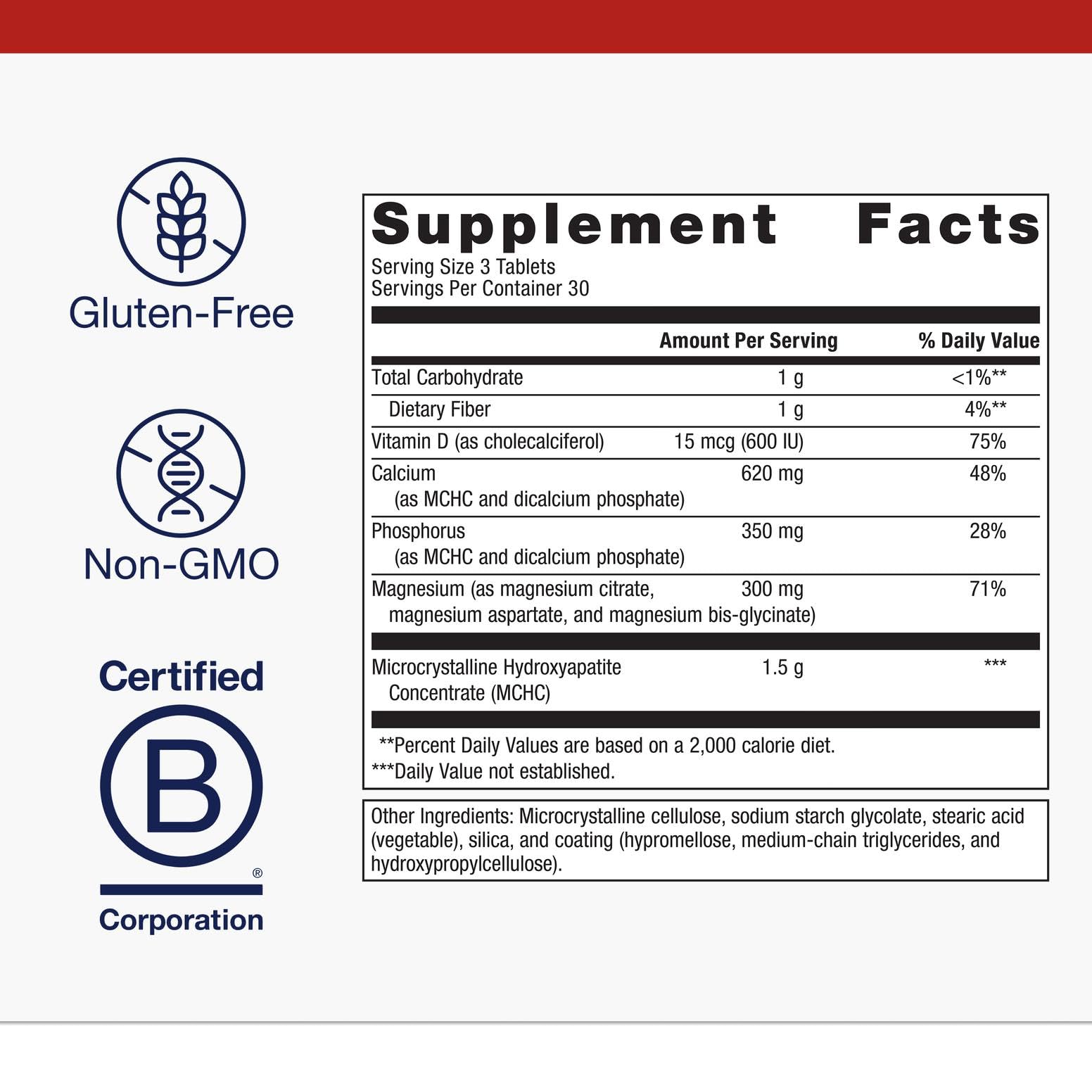 Metagenics Bone Builder ingredients showcasing calcium, phosphorus, and MCHC components