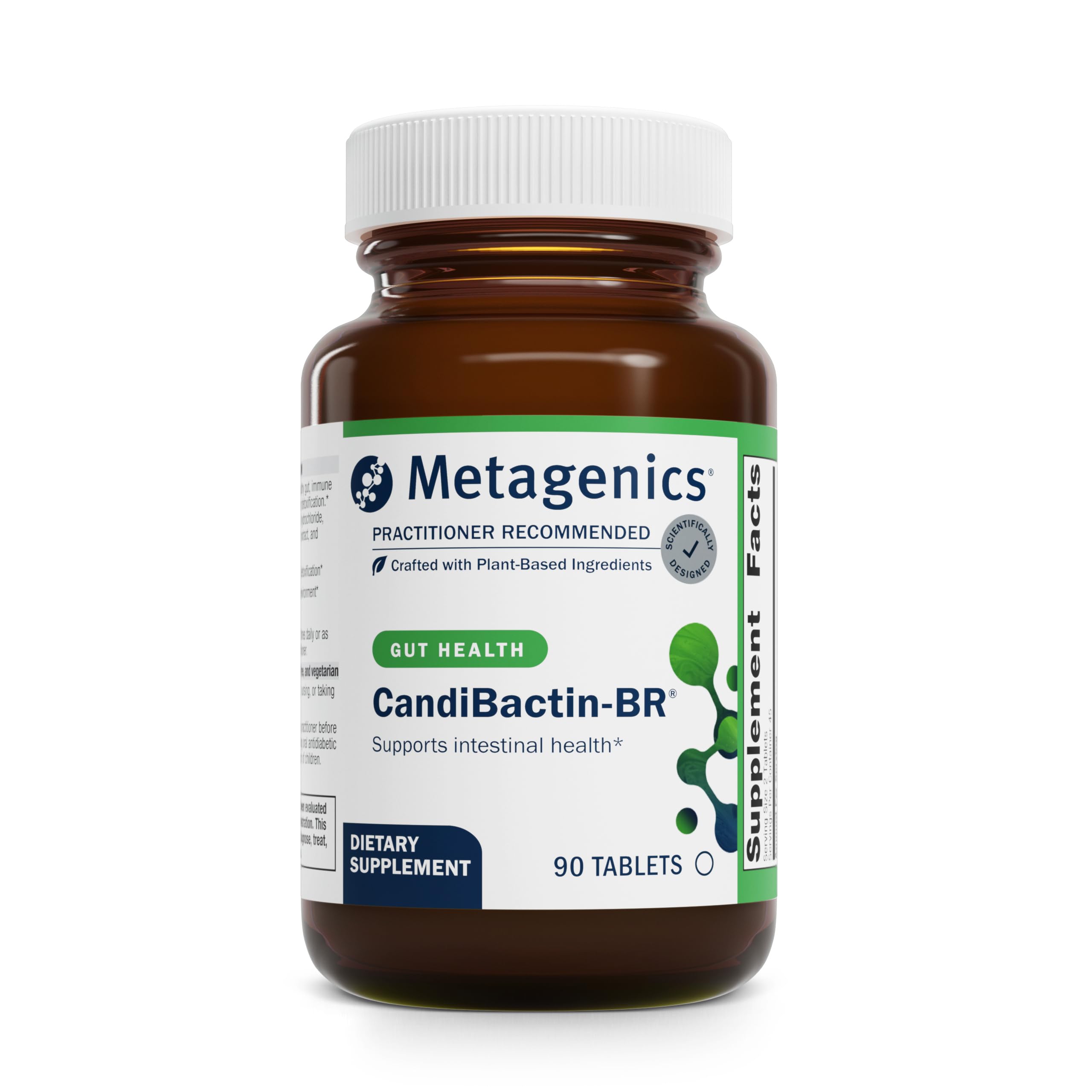 Metagenics CandiBactin-BR bottle front showing 90 vegetarian tablets for gut support