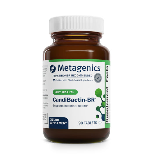 Metagenics CandiBactin-BR bottle front showing 90 vegetarian tablets for gut support