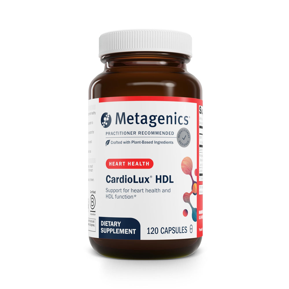 Metagenics CardioLux HDL bottle shows packaging for cardiovascular support