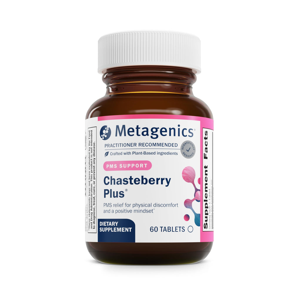 Metagenics Chasteberry Plus bottle-front highlighting herbal blend for hormonal balance.