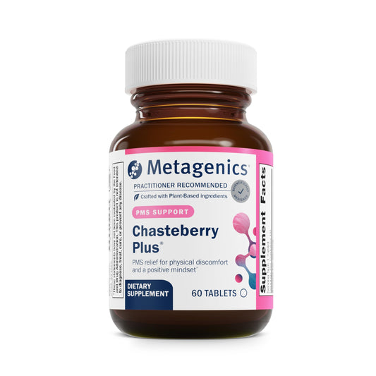 Metagenics Chasteberry Plus bottle-front highlighting herbal blend for hormonal balance.