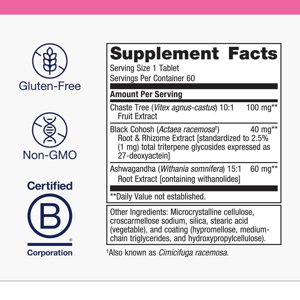 Label closeup of Metagenics Chasteberry Plus noting non-GMO quality.