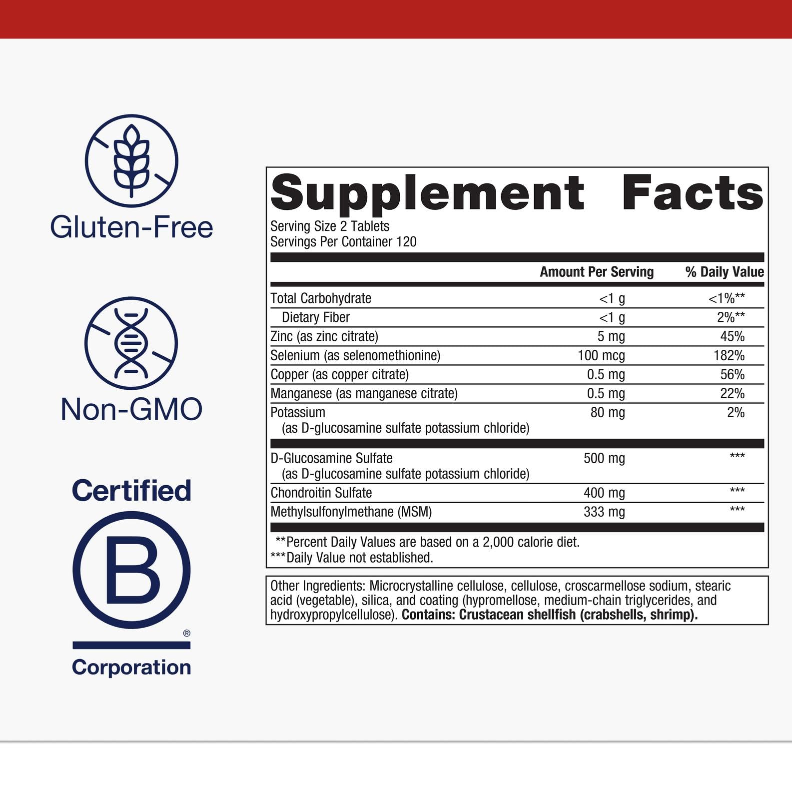 Ingredient panel details the mineral blend supporting tissue vitality for joints.