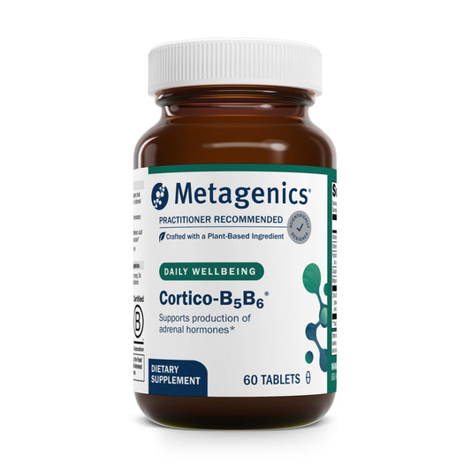 Metagenics Cortico-B5B6 bottle front for adrenal energy support.