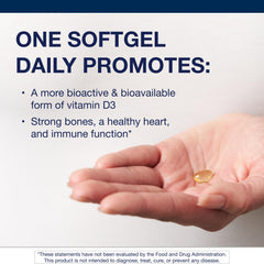 Close-up of Metagenics D3 label emphasizing calcium and bone health.