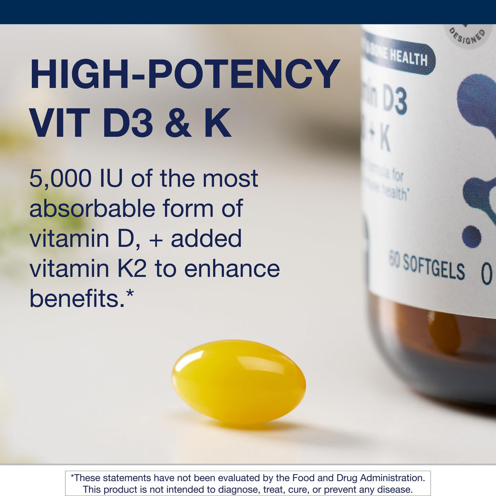 Label detail on Metagenics D3 + K2 bottle highlighting MK-7 and dosage.