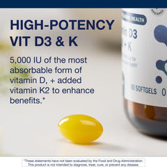 Label detail on Metagenics D3 + K2 bottle highlighting MK-7 and dosage.