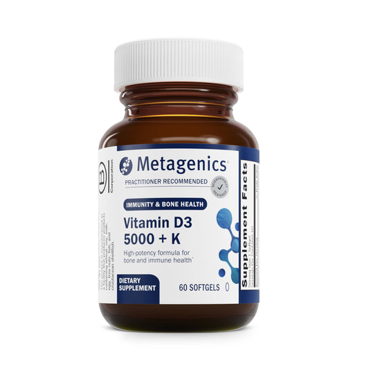 Metagenics D3 + K2 softgels bottle showing packaging for bone and immune support.
