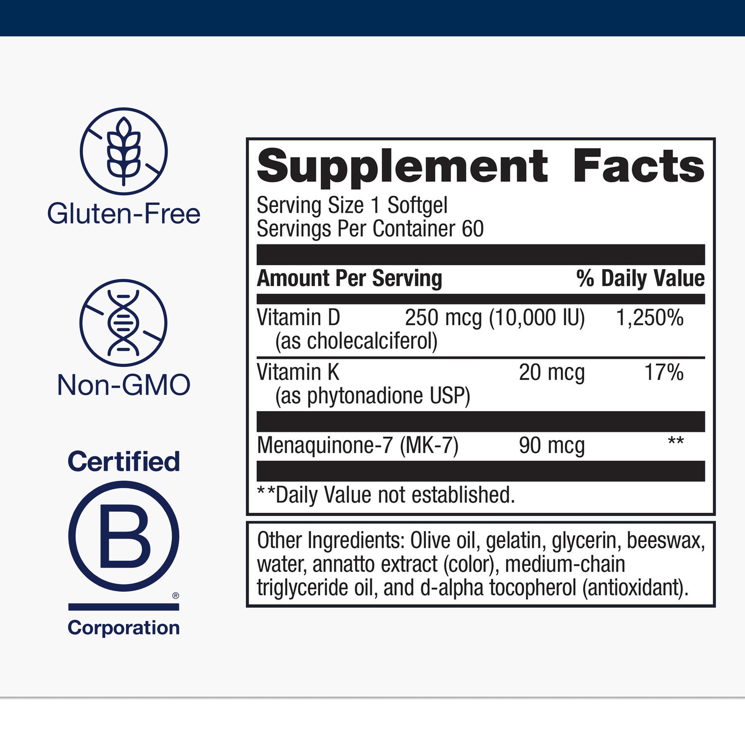 Metagenics D3-K dosage panel showing 250 mcg per softgel.