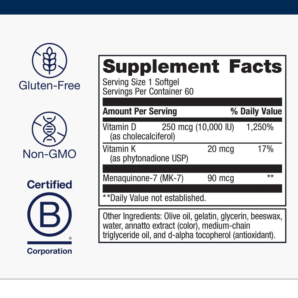 Metagenics D3-K dosage panel showing 250 mcg per softgel.