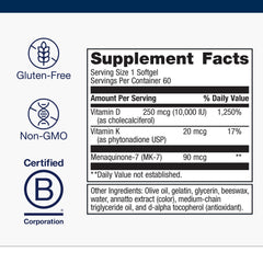 Metagenics D3-K dosage panel showing 250 mcg per softgel.