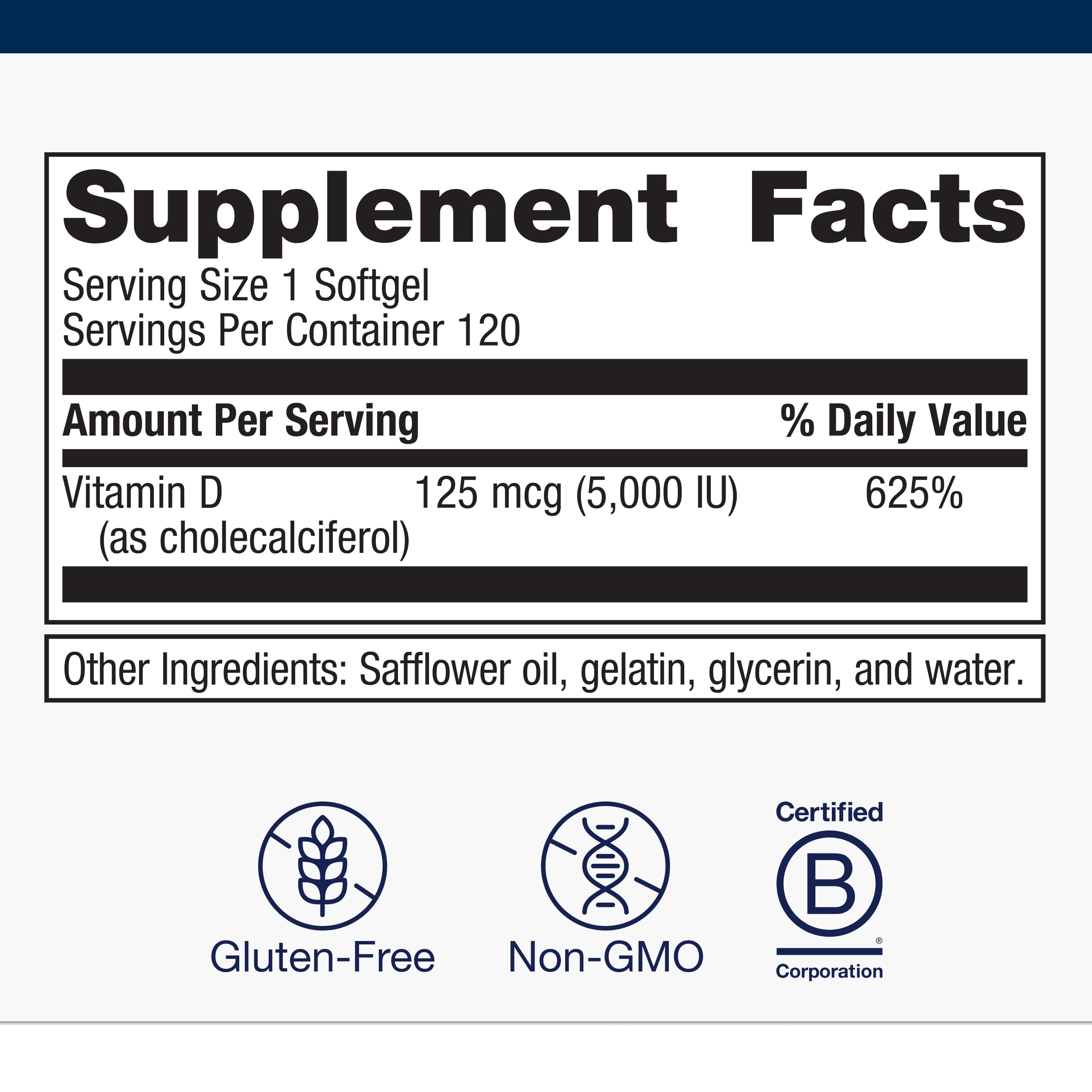 Non-GMO and gluten-free Metagenics D3 with cGMP manufacturing.