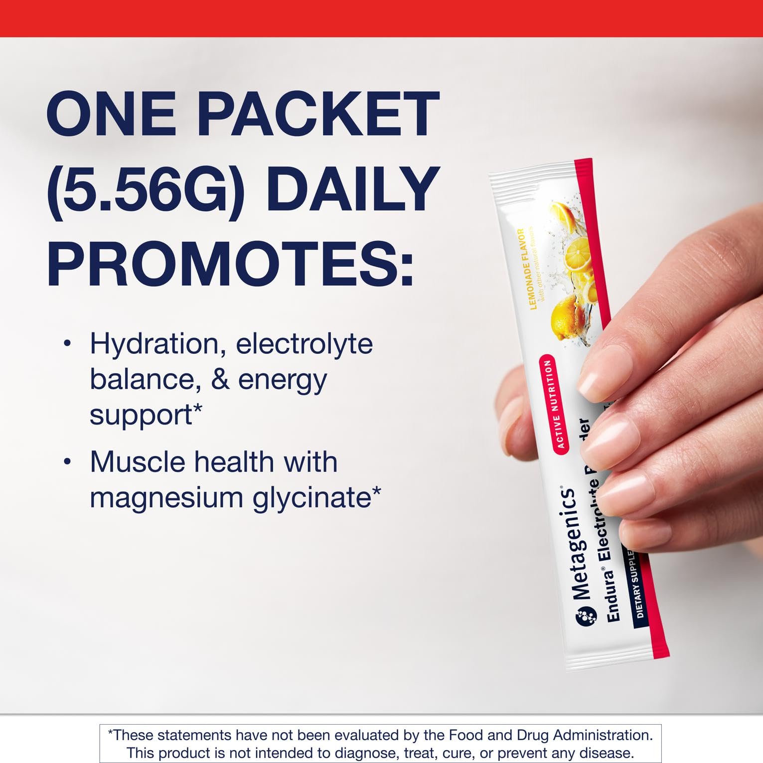 Metagenics Endura lemonade packet back shows nutrition and balance details