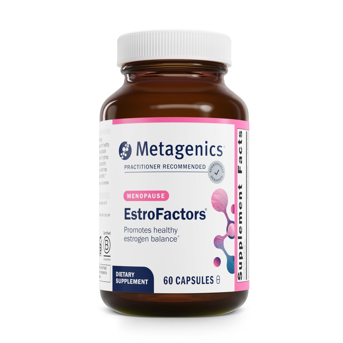 Metagenics EstroFactors bottle front showing estrogen metabolism support