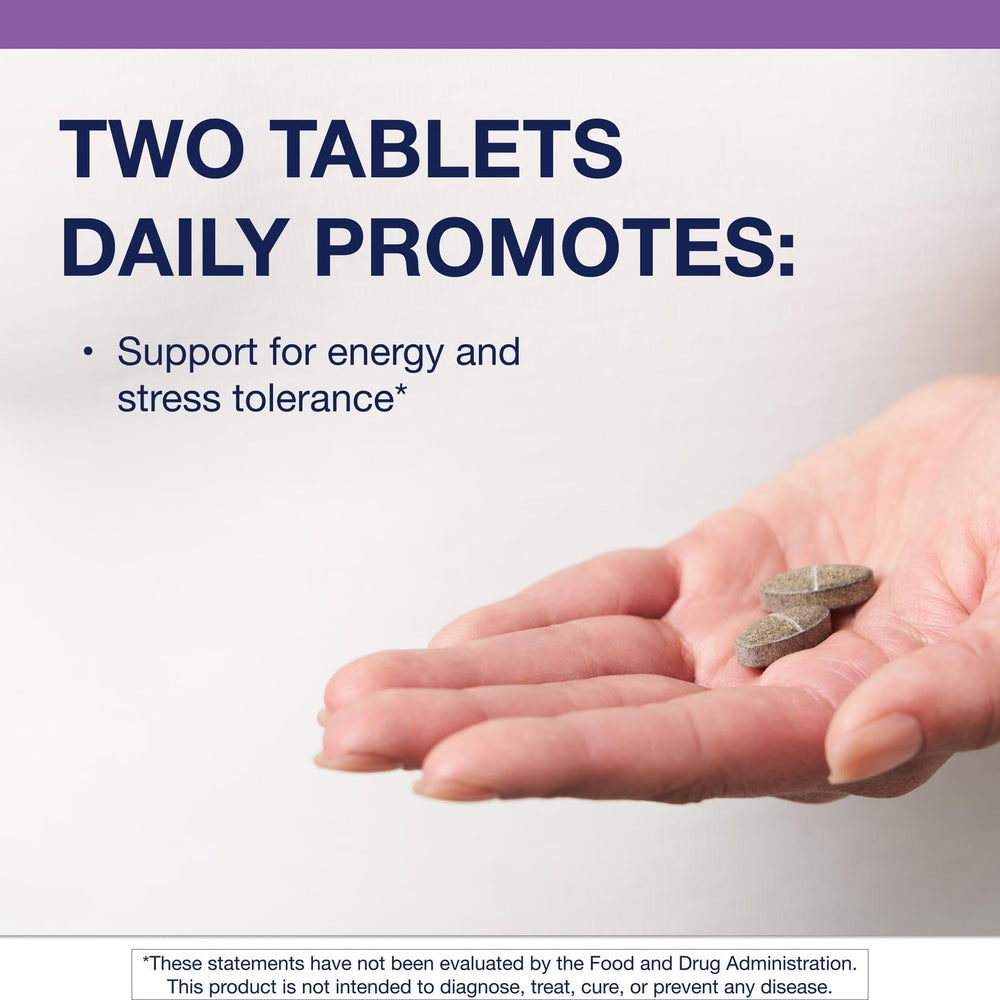 Metagenics Exhilarin bottle side label highlighting adaptogens for stress support.