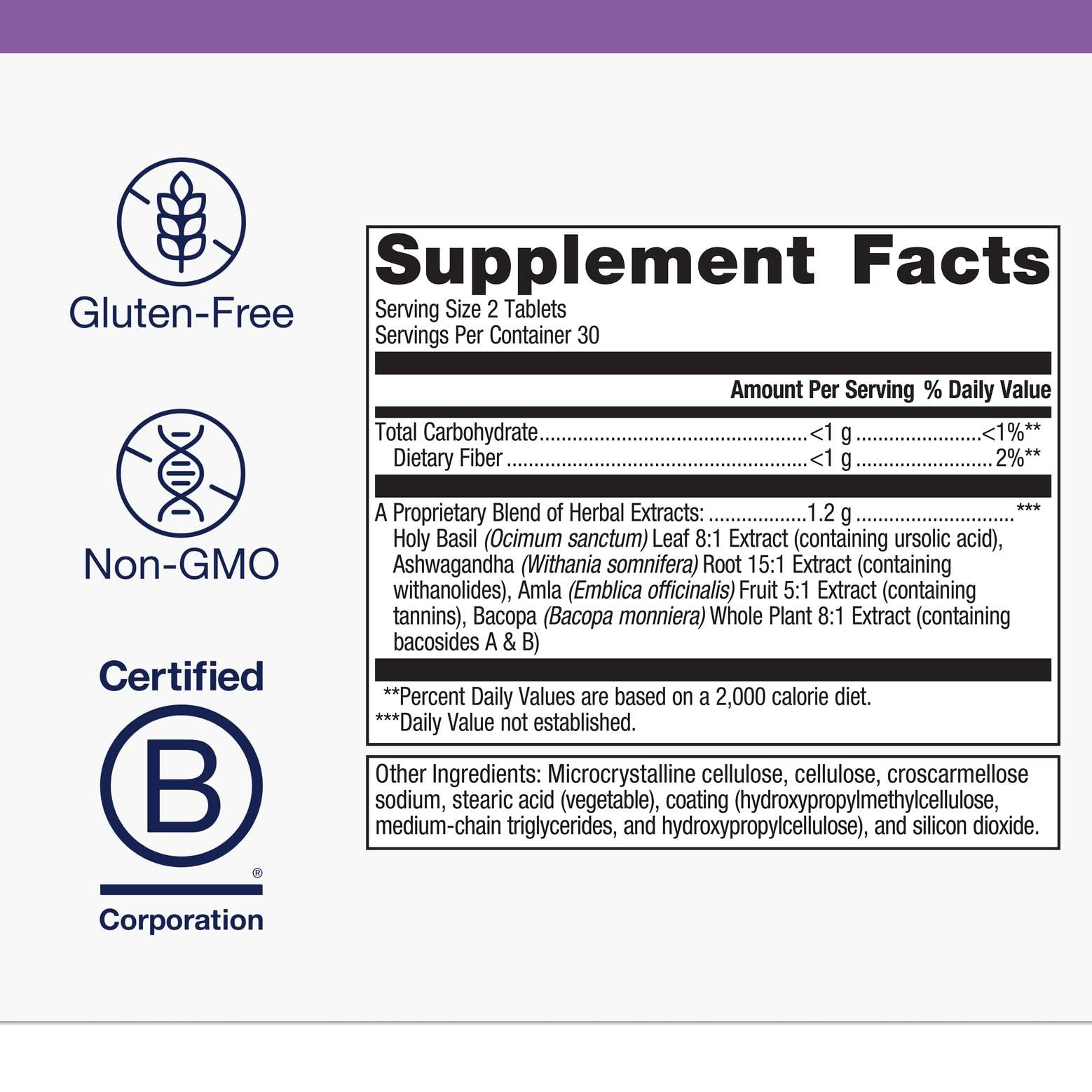 Metagenics Exhilarin ingredient list featuring ashwagandha, holy basil, amla, bacopa for calm focus.
