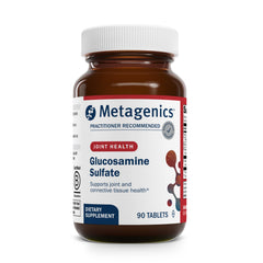 Metagenics Glucosamine Sulfate bottle label with complete ingredients and usage details for joint support.
