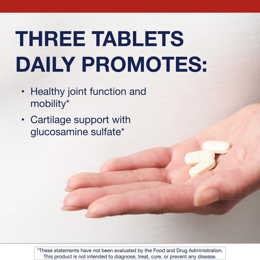Closeup of Metagenics Glucosamine Sulfate tablets showing shape and finish for daily use.