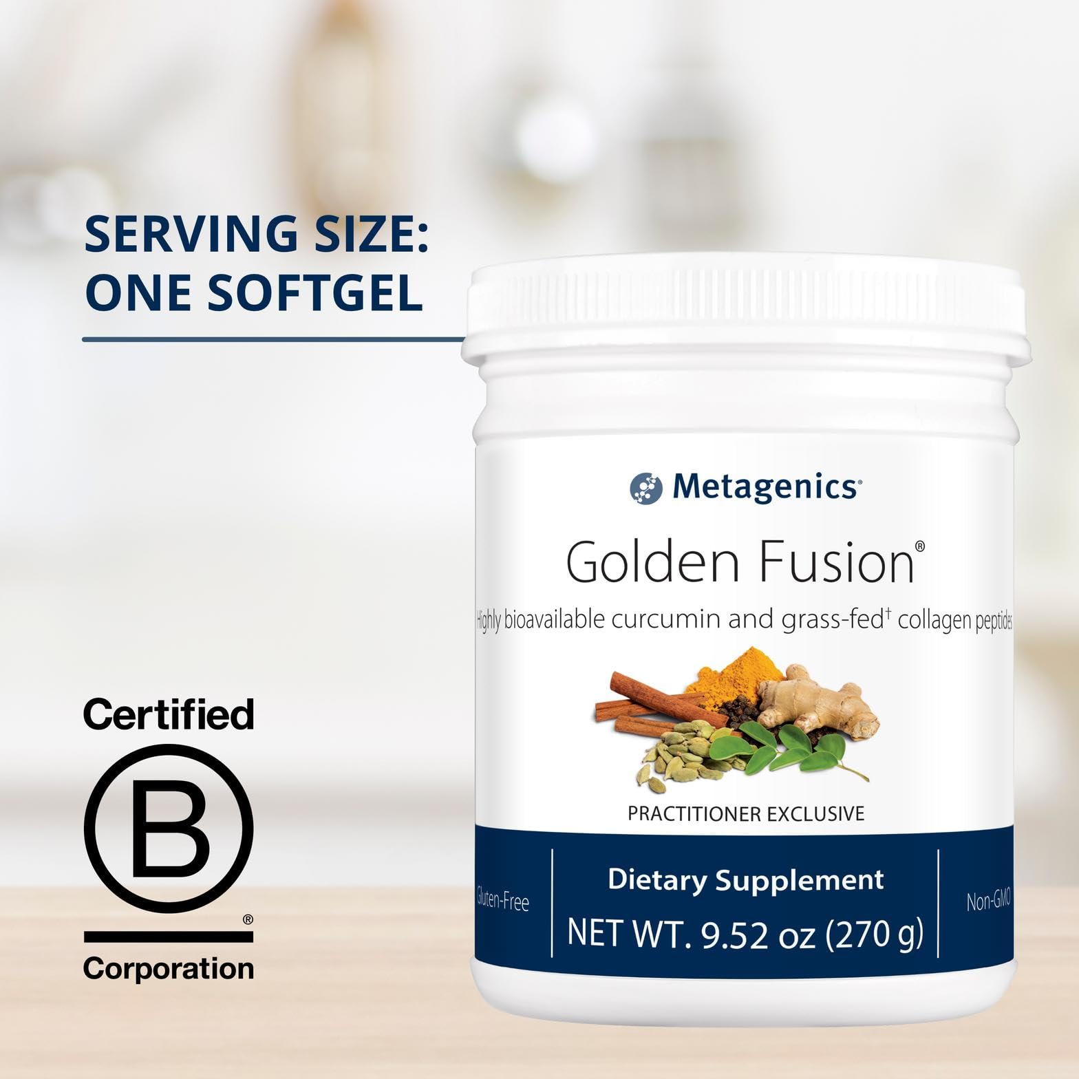 Metagenics Golden Fusion collagen peptides bottle supports skin and joints