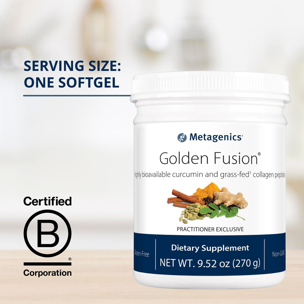 Metagenics Golden Fusion collagen peptides bottle supports skin and joints