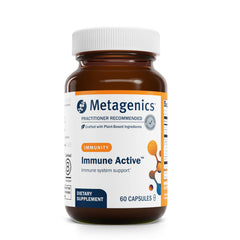 Metagenics Immune Active bottle label highlights vitamin C and zinc for daily immune support.