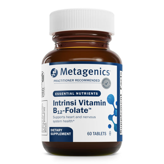 Metagenics Intrinsi Vitamin B12-Folate bottle shows bioactive B12 and folate for energy.