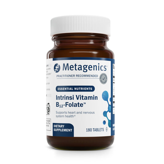 Metagenics Intrinsi B12-Folate bottle highlighting energy support and a clean formula.