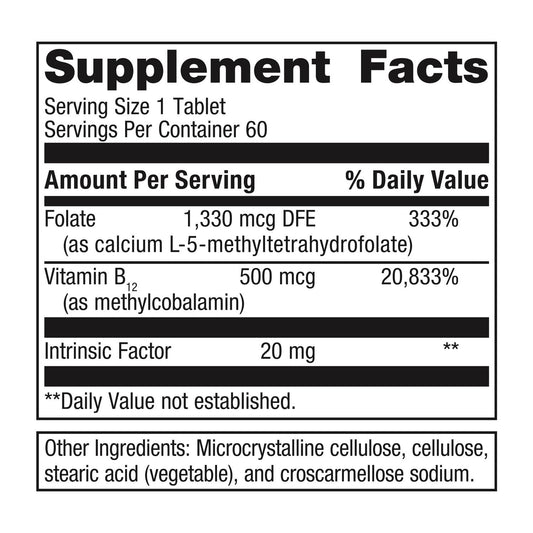 Front label on Metagenics Intrinsi bottle highlights intrinsic factor for improved absorption.