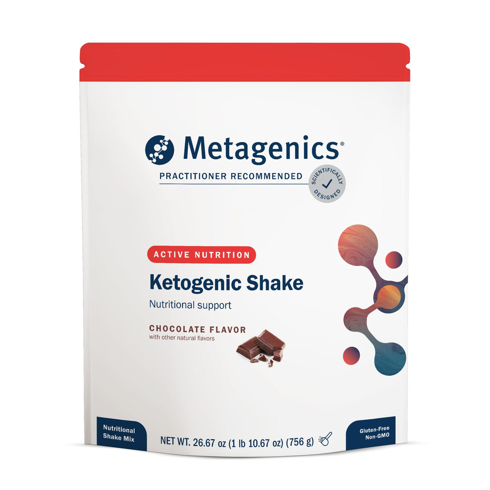 Metagenics Ketogenic Shake chocolate bottle showing keto-friendly nutrition for steady energy